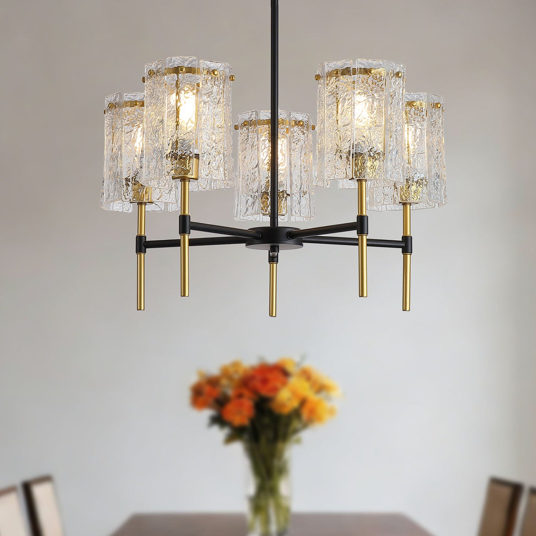 5-Light Textured Glass Chandelier – Black & Gold
