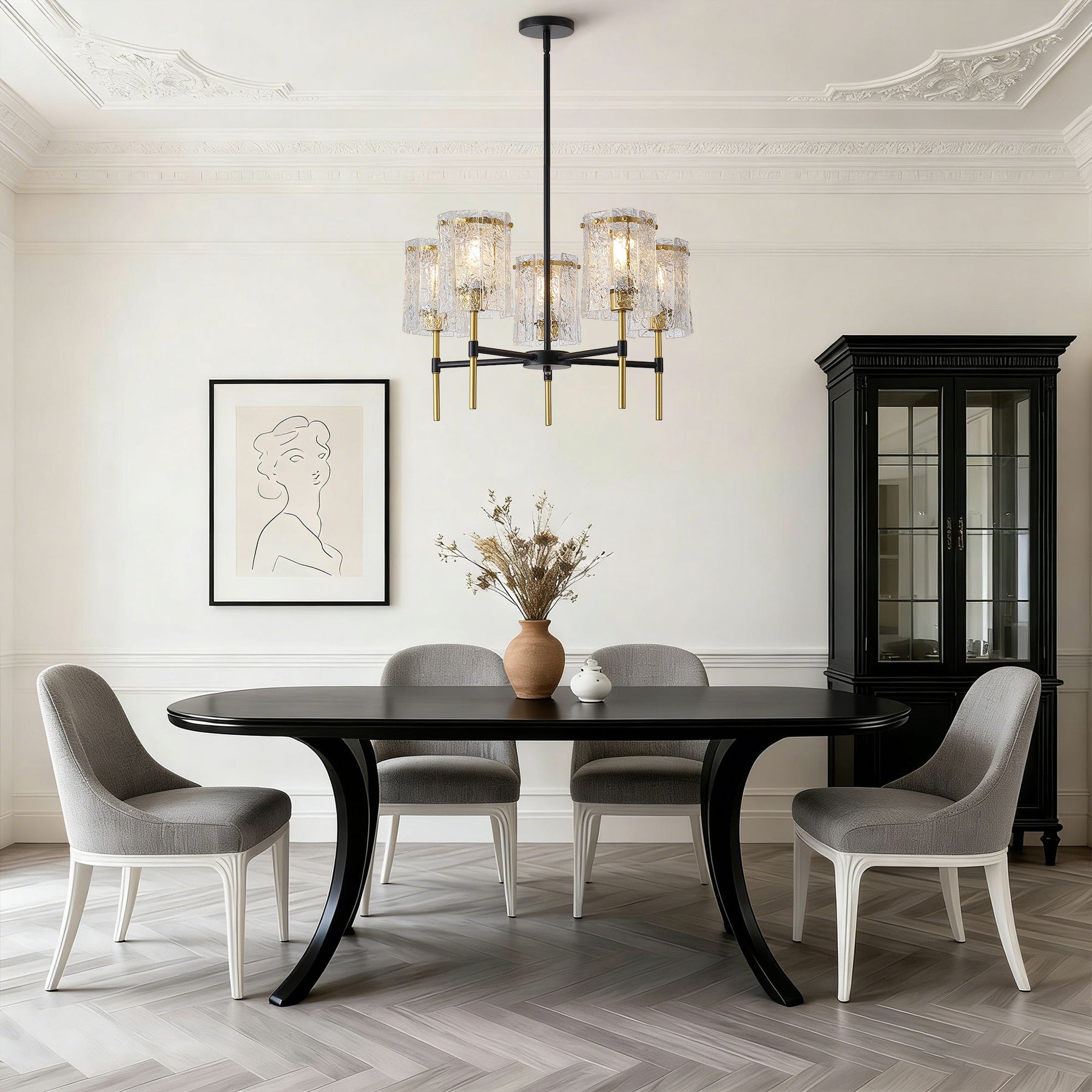 5-Light Textured Glass Chandelier – Black & Gold