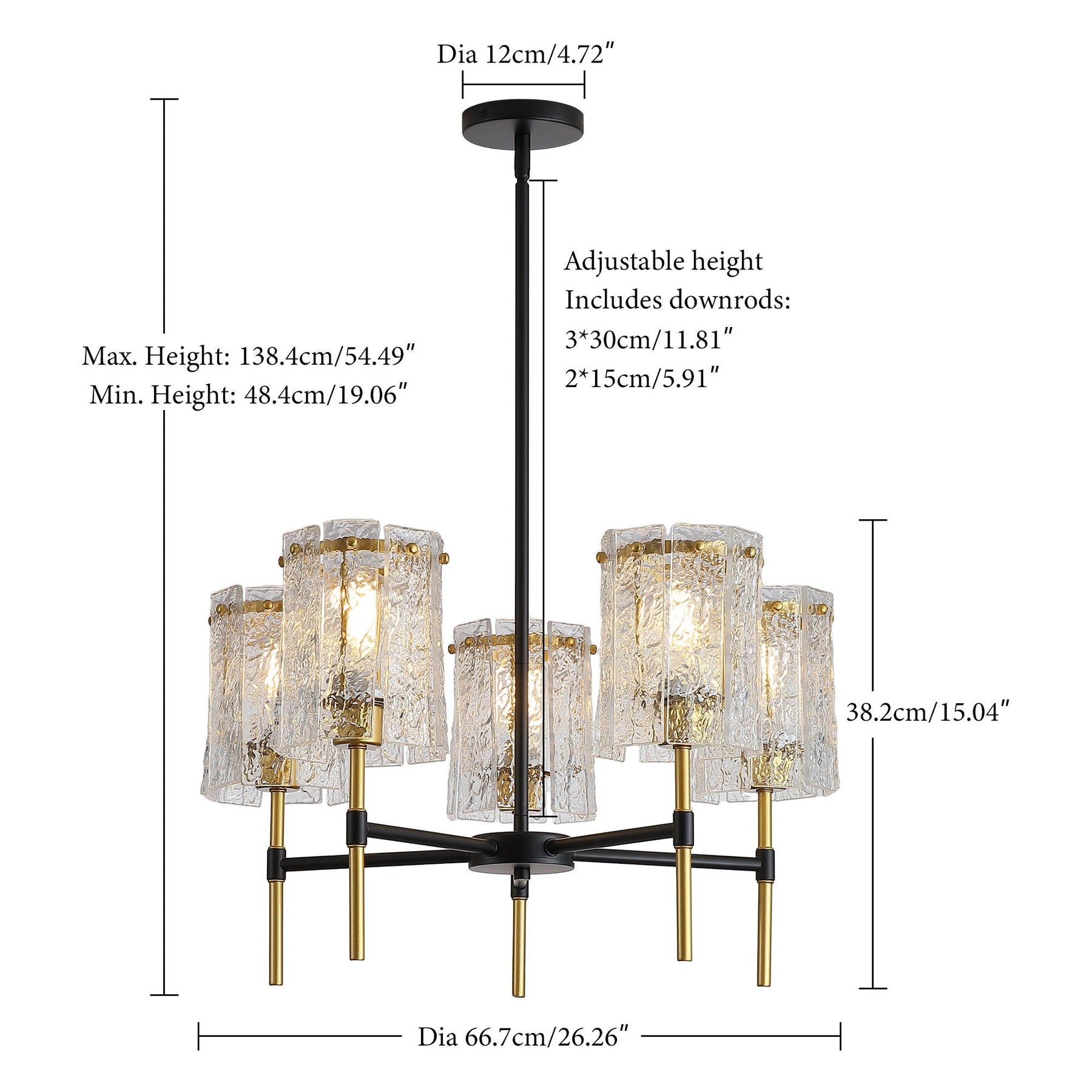 5-Light Textured Glass Chandelier – Black & Gold