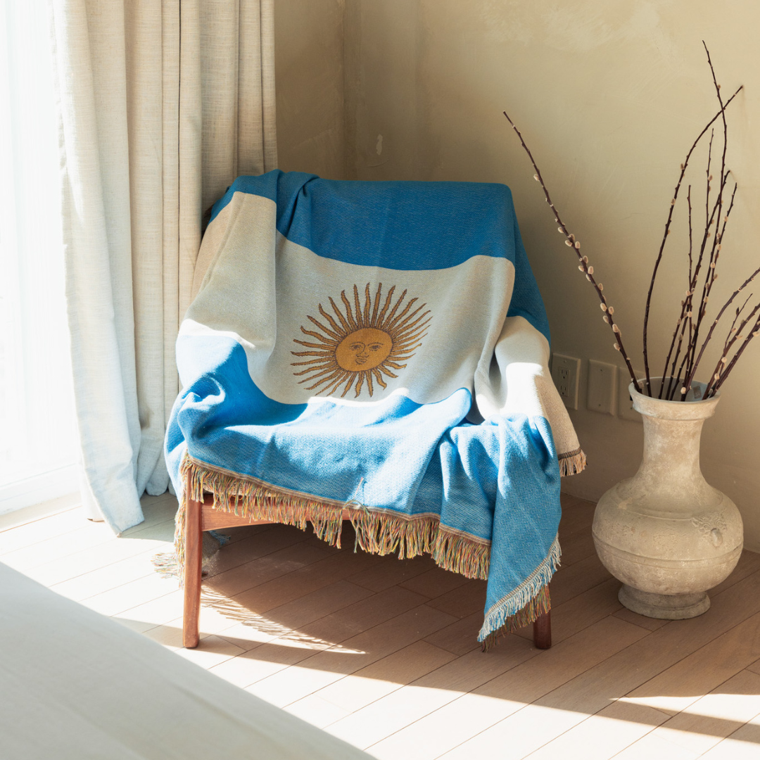 Argentina-inspired woven throw blanket in sky blue and white