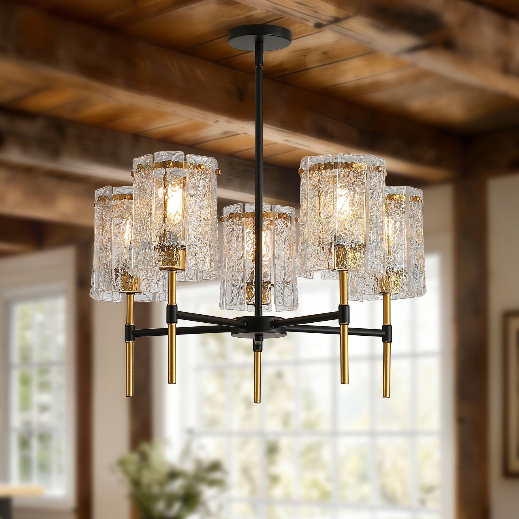 5-Light Textured Glass Chandelier – Black & Gold