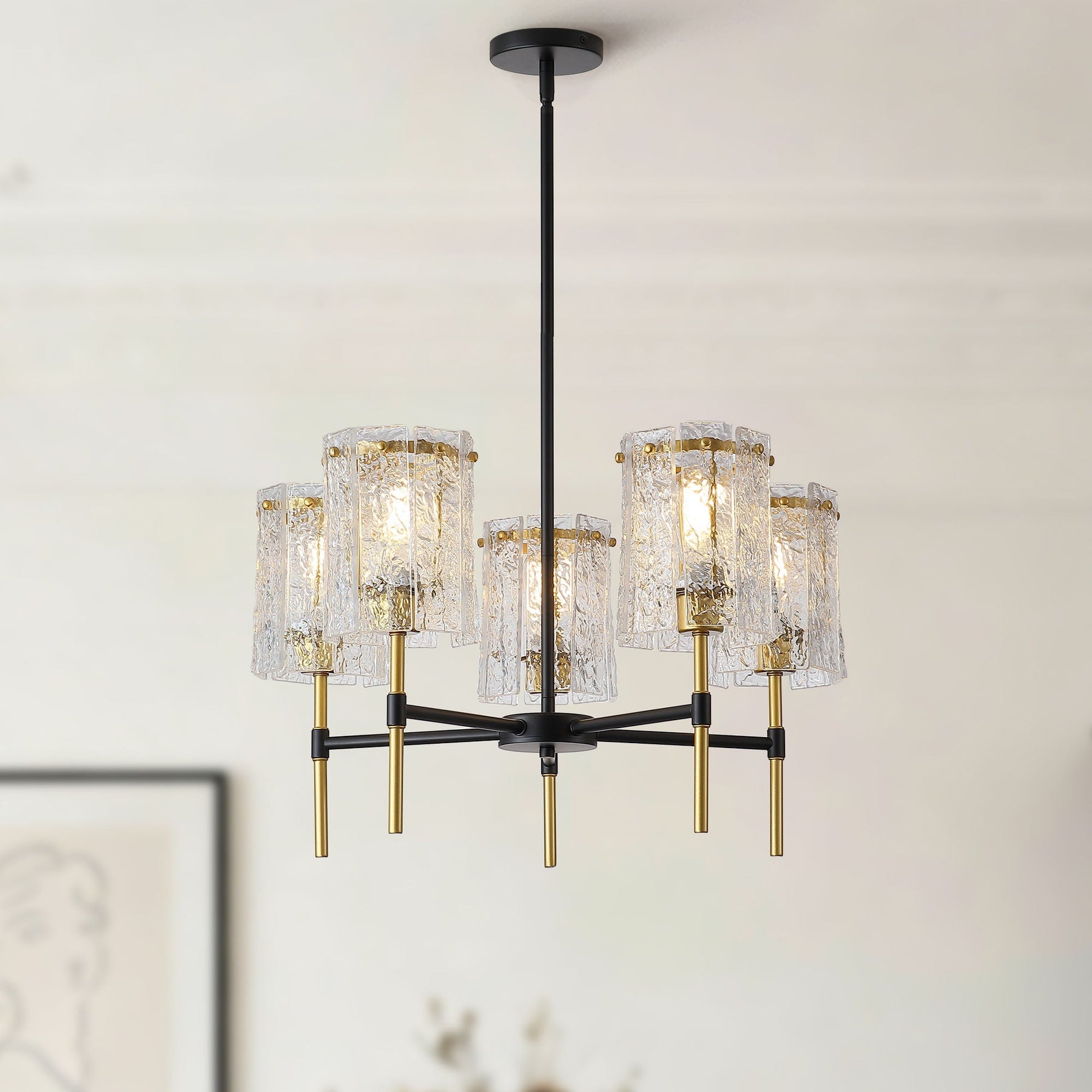 5-Light Textured Glass Chandelier – Black & Gold