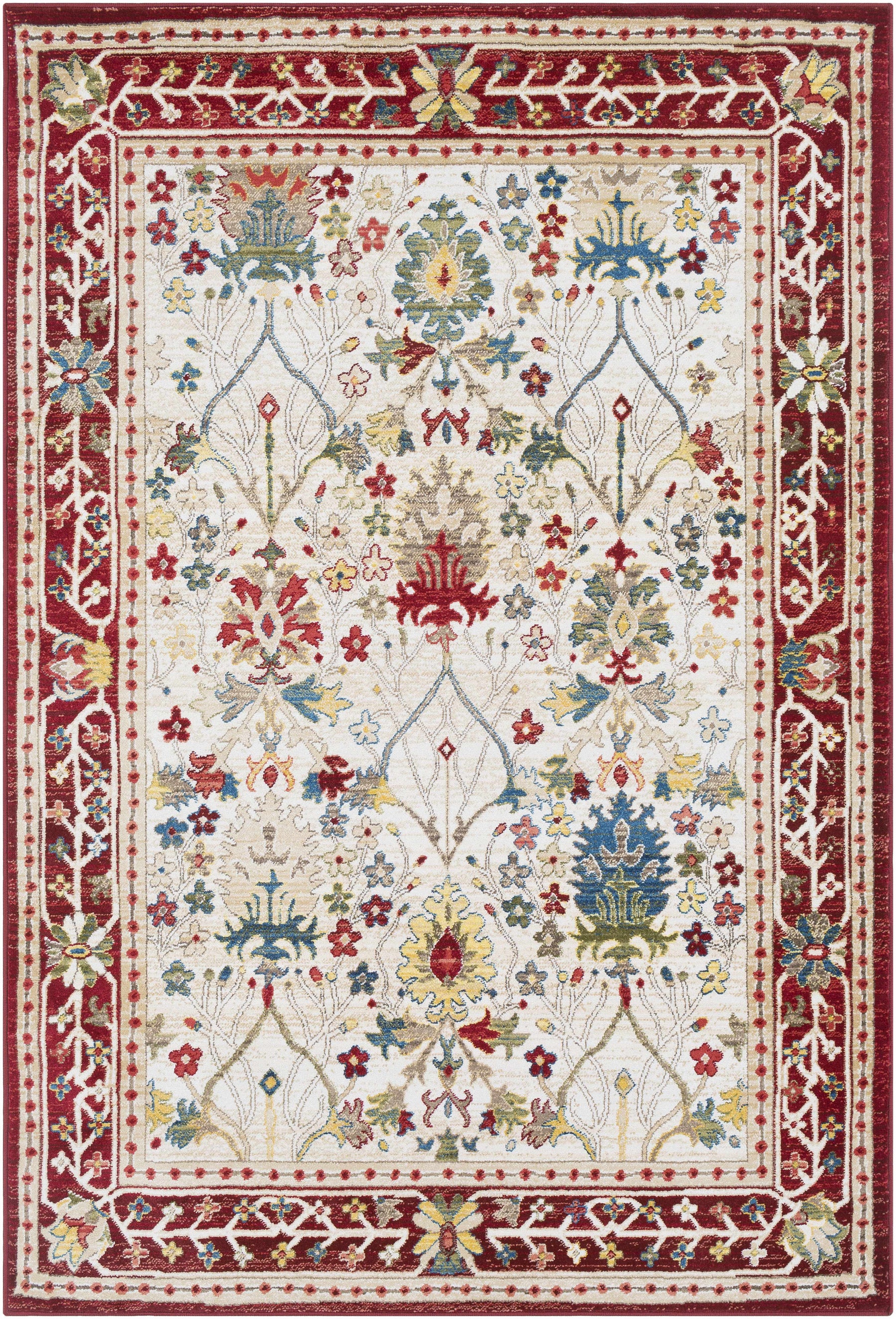 Neola white and red damask area rug with traditional pattern
