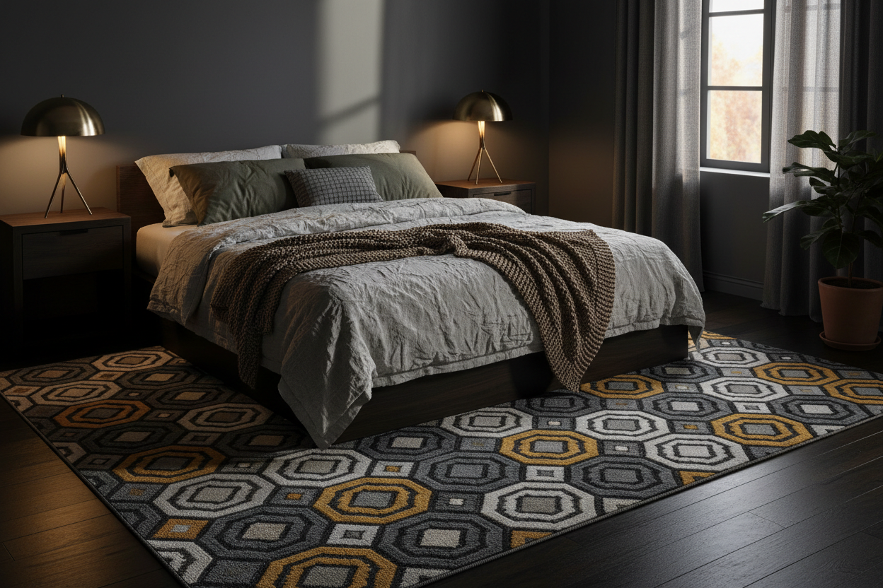 Parkerfield Area Rug styled in a bedroom