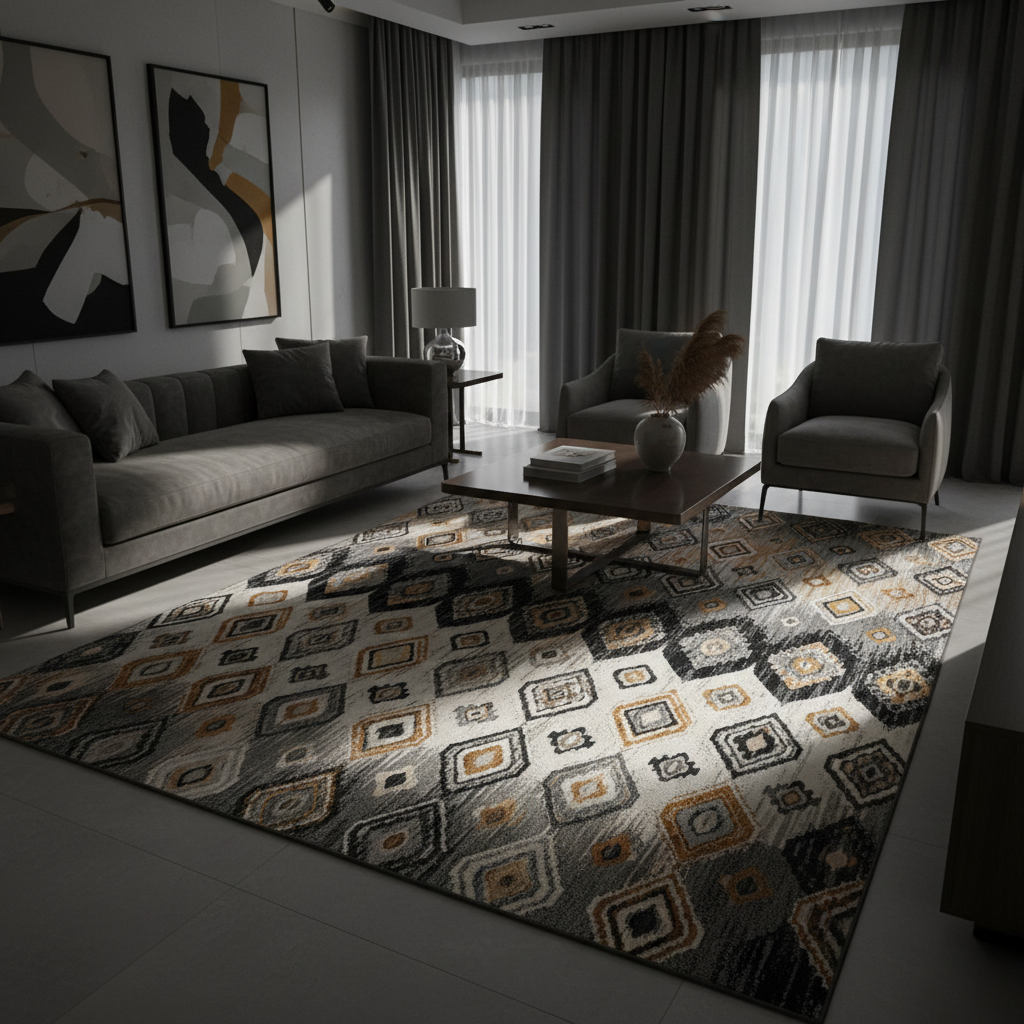Parkerfield Area Rug styled in a modern living room