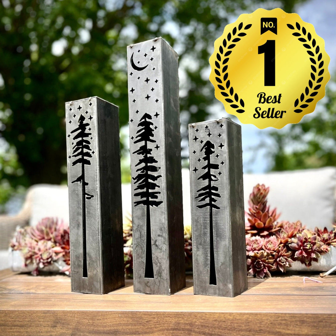 Pine Tree solar luminary pillars for porch and garden lighting
